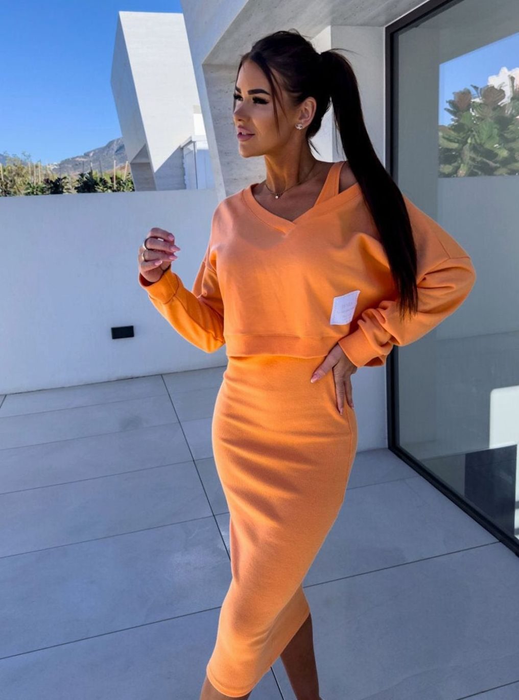 Women's V-Neck Oversized Sweatshirt Bodycon Midi Skirt Two-Piece Set - Orange