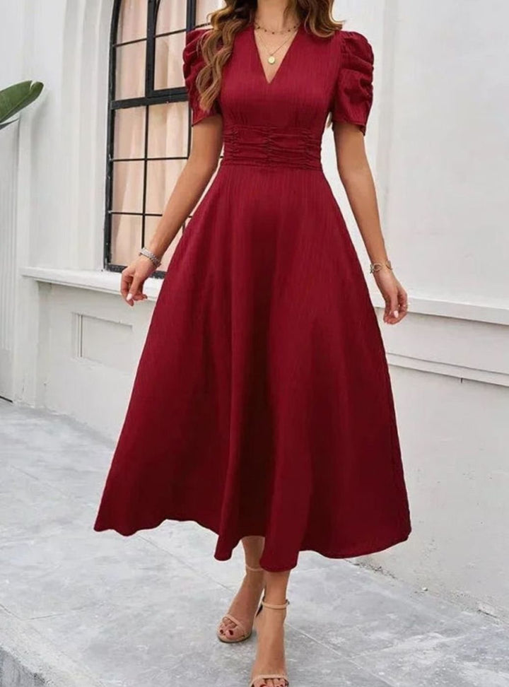 Women's V-Neck Puff Sleeve Ruched Waist A-Line Midi Dress