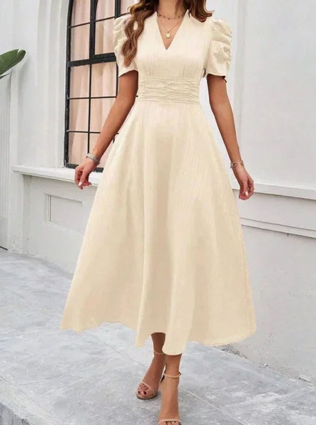 Women's V-Neck Puff Sleeve Ruched Waist A-Line Midi Dress