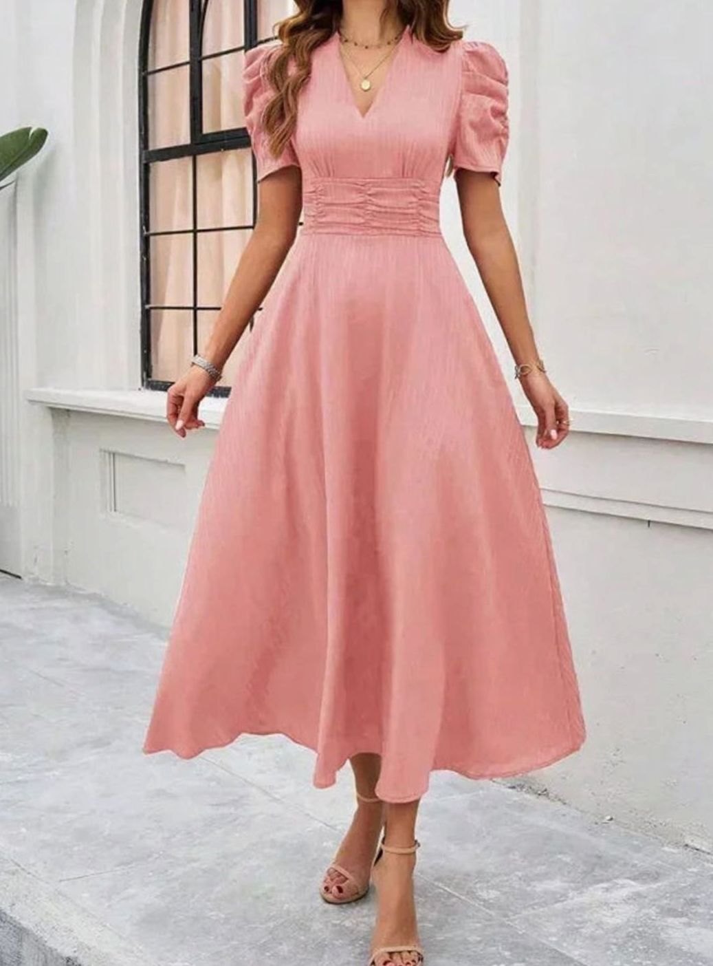 Women's V-Neck Puff Sleeve Ruched Waist A-Line Midi Dress