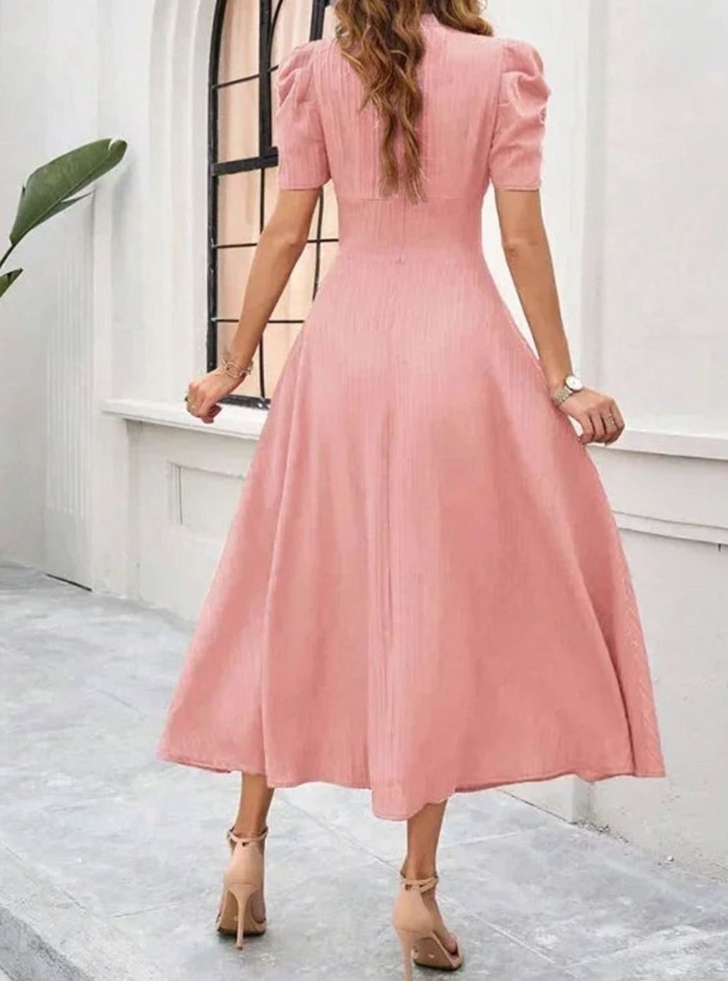 Women's V-Neck Puff Sleeve Ruched Waist A-Line Midi Dress