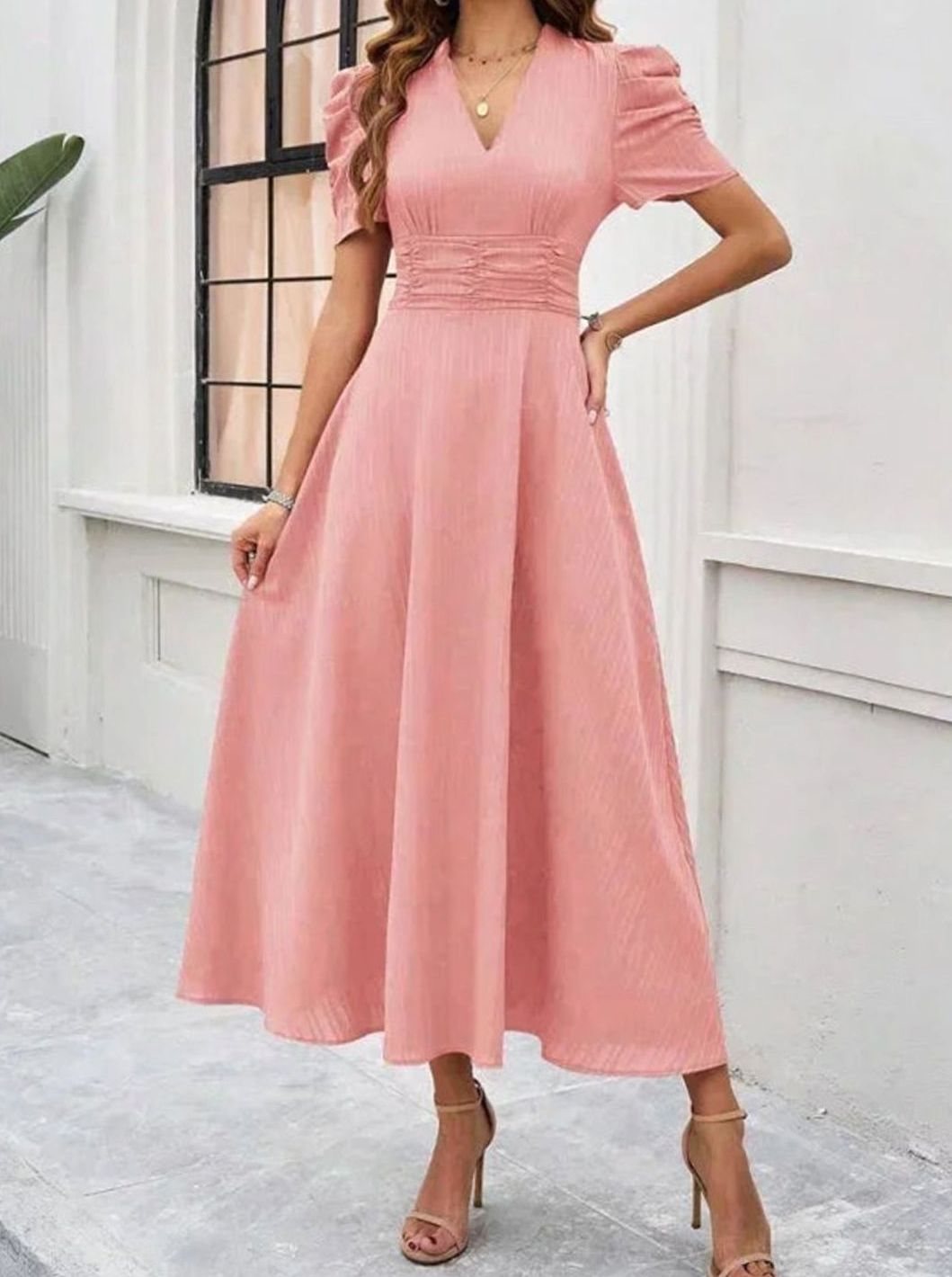 Women's V-Neck Puff Sleeve Ruched Waist A-Line Midi Dress