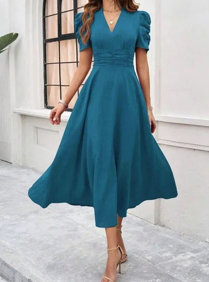 Women's V-Neck Puff Sleeve Ruched Waist A-Line Midi Dress
