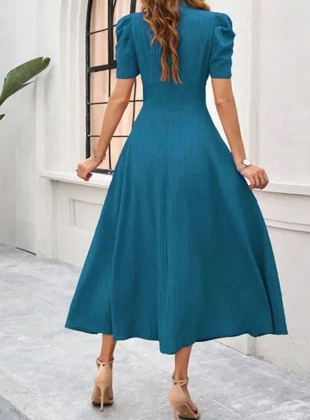 Women's V-Neck Puff Sleeve Ruched Waist A-Line Midi Dress