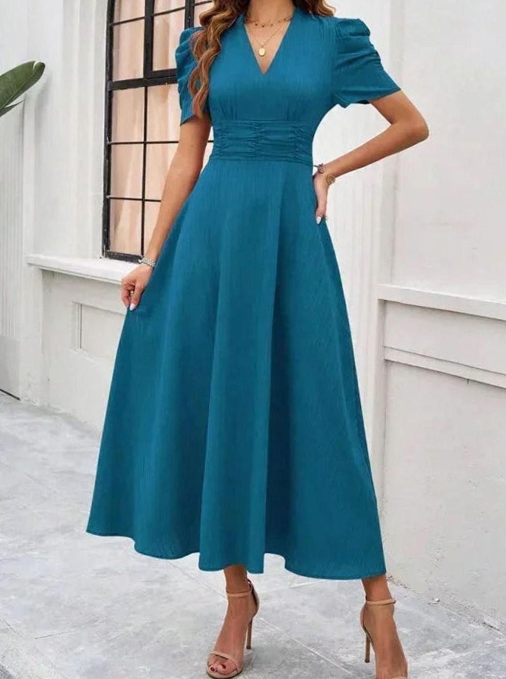 Women's V-Neck Puff Sleeve Ruched Waist A-Line Midi Dress