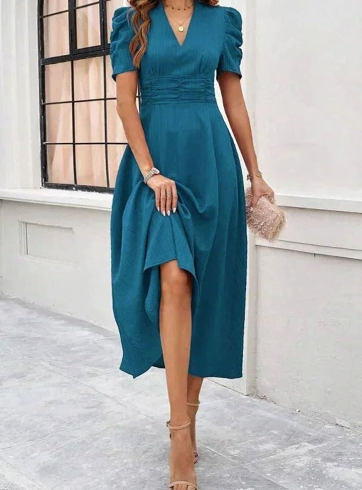 Women's V-Neck Puff Sleeve Ruched Waist A-Line Midi Dress