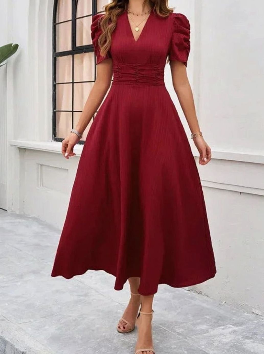 Women's V-Neck Puff Sleeve Ruched Waist A-Line Midi Dress