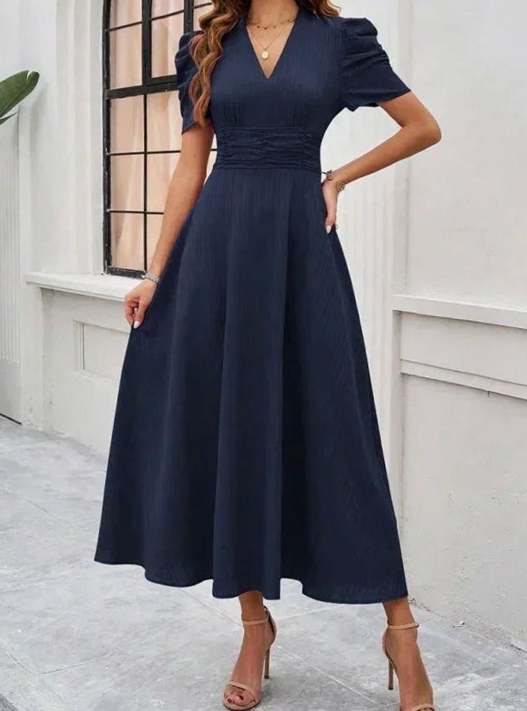 Women's V-Neck Puff Sleeve Ruched Waist A-Line Midi Dress