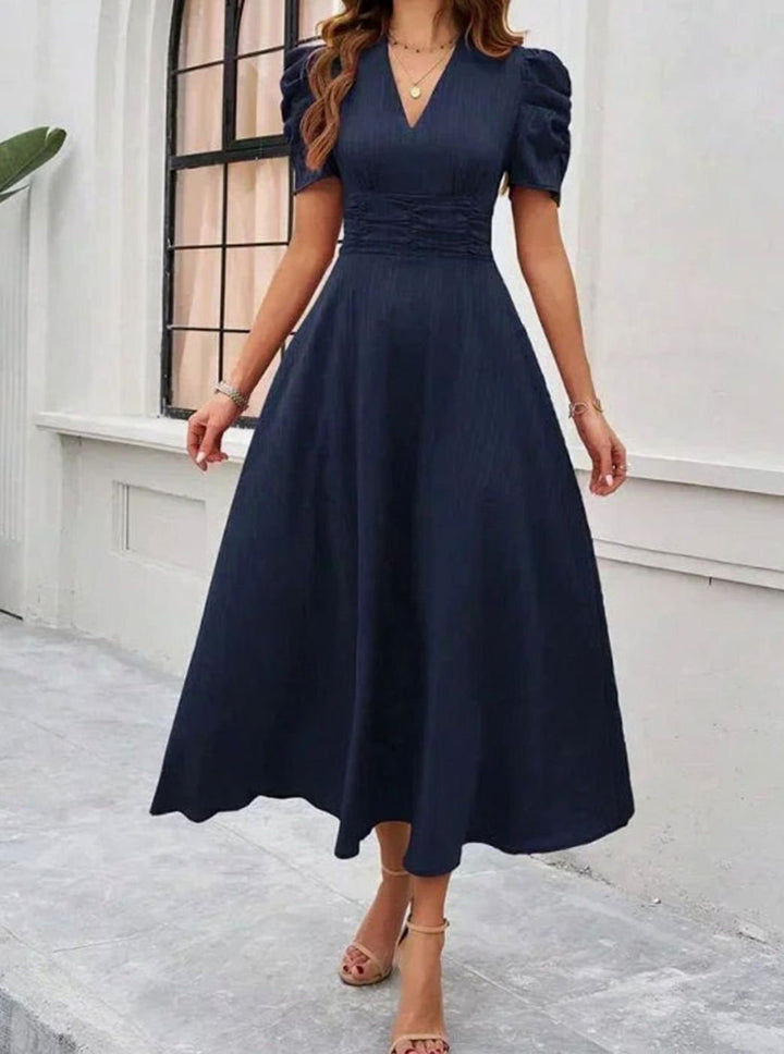 Women's V-Neck Puff Sleeve Ruched Waist A-Line Midi Dress