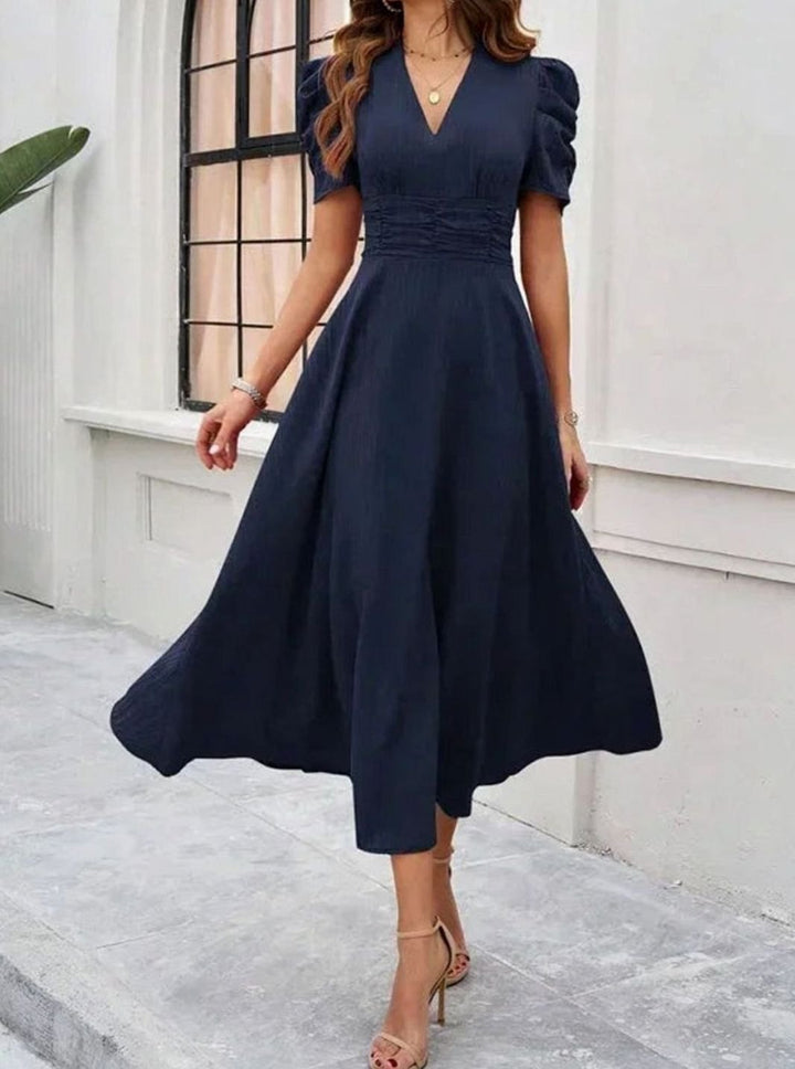 Women's V-Neck Puff Sleeve Ruched Waist A-Line Midi Dress
