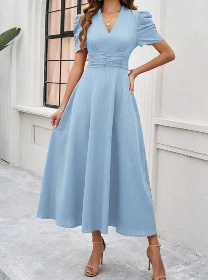 Women's V-Neck Puff Sleeve Ruched Waist A-Line Midi Dress