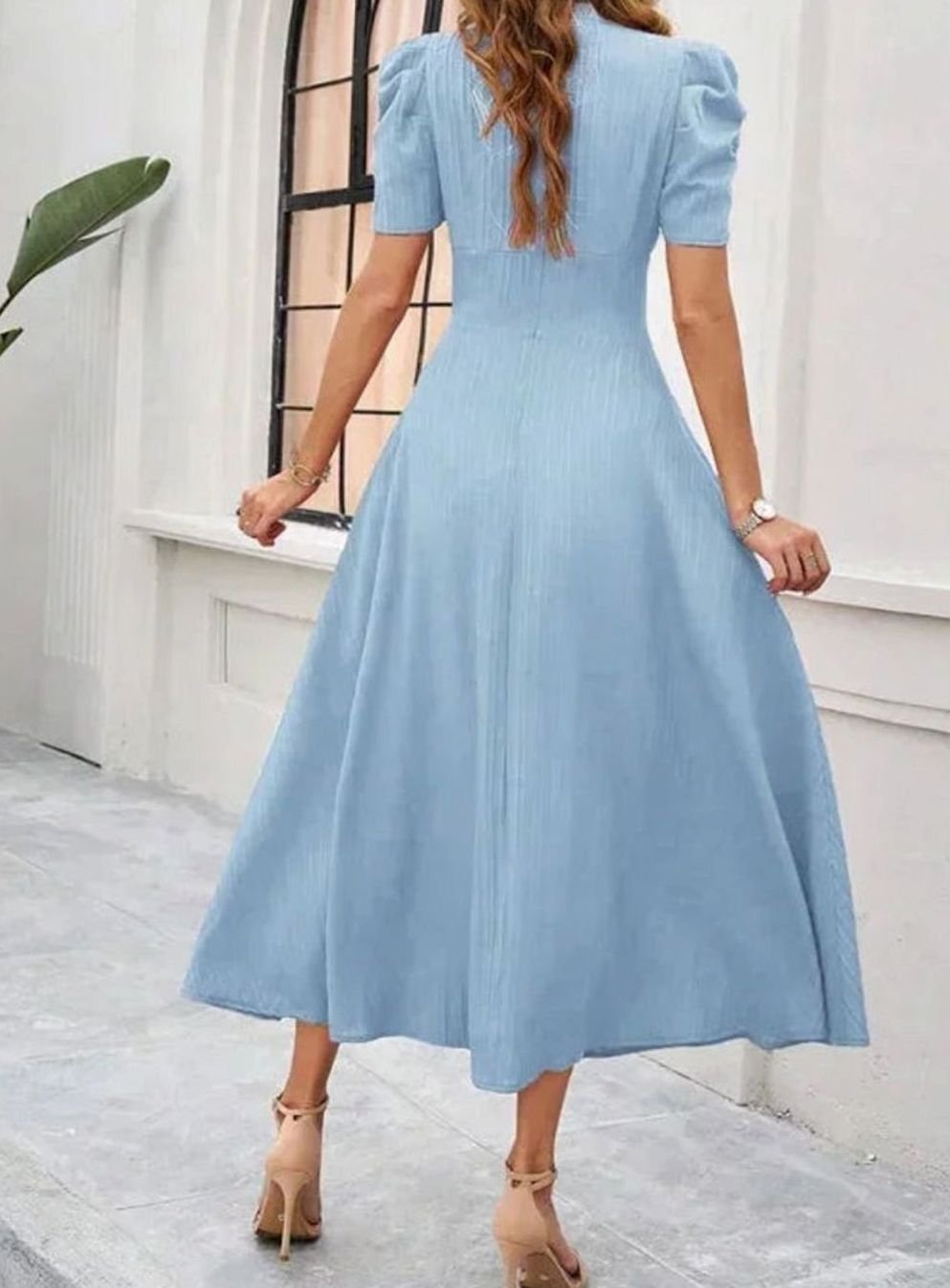 Women's V-Neck Puff Sleeve Ruched Waist A-Line Midi Dress