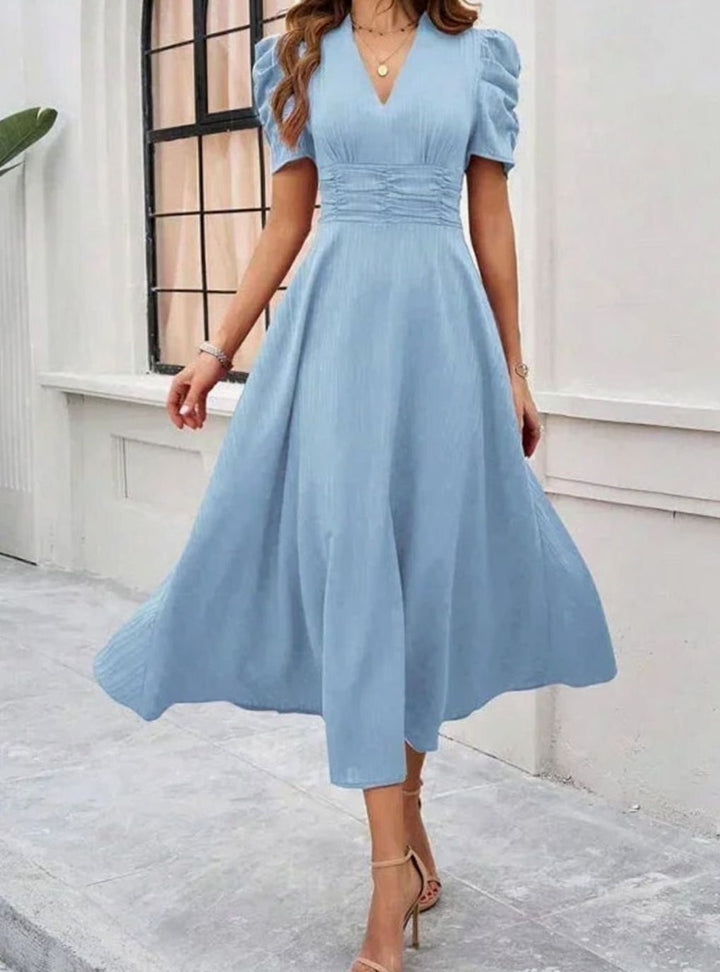 Women's V-Neck Puff Sleeve Ruched Waist A-Line Midi Dress