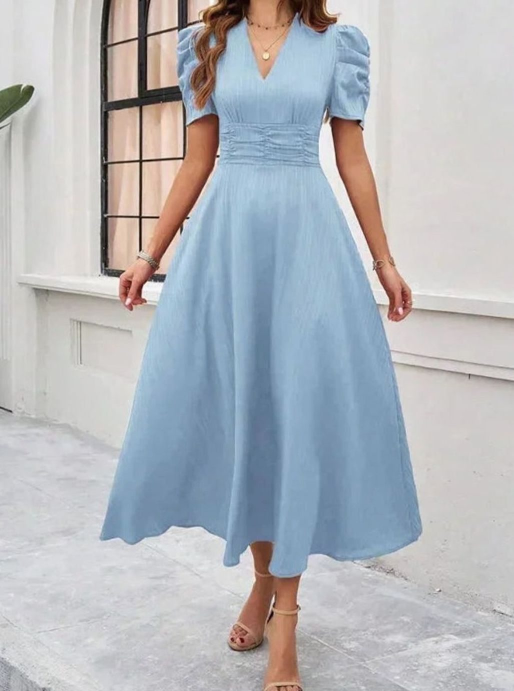 Women's V-Neck Puff Sleeve Ruched Waist A-Line Midi Dress