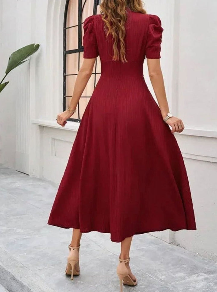 Women's V-Neck Puff Sleeve Ruched Waist A-Line Midi Dress
