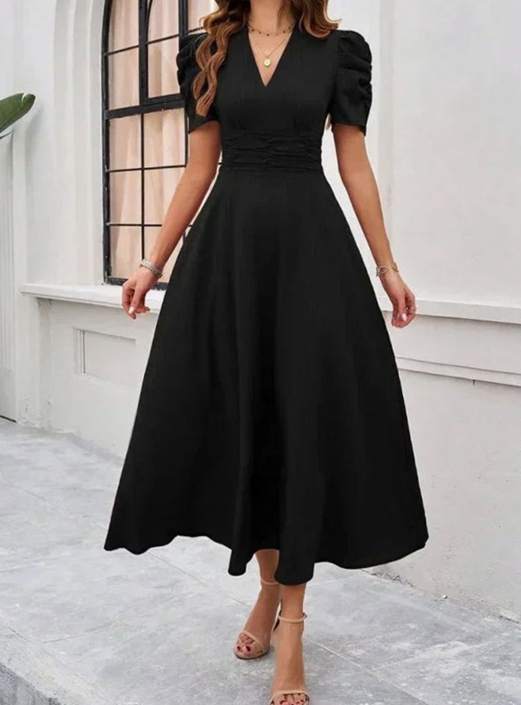 Women's V-Neck Puff Sleeve Ruched Waist A-Line Midi Dress