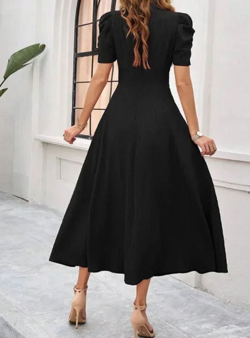 Women's V-Neck Puff Sleeve Ruched Waist A-Line Midi Dress