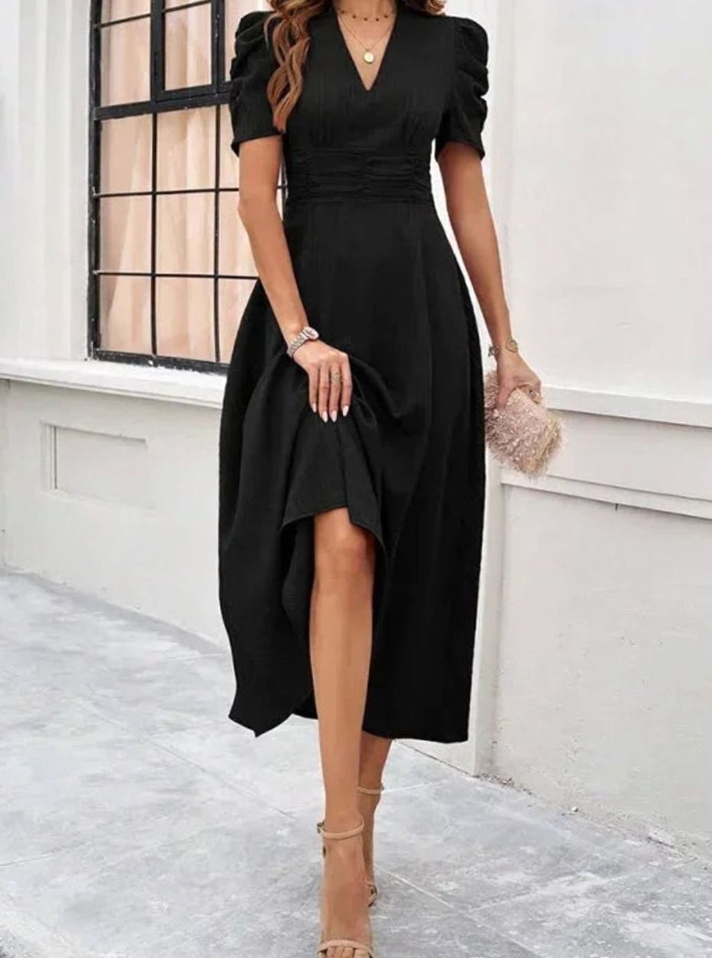 Women's V-Neck Puff Sleeve Ruched Waist A-Line Midi Dress