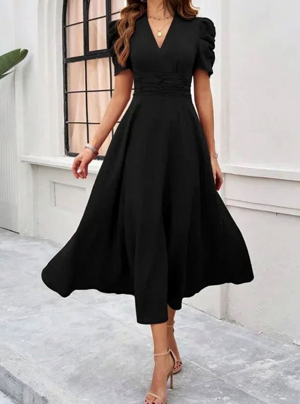 Women's V-Neck Puff Sleeve Ruched Waist A-Line Midi Dress