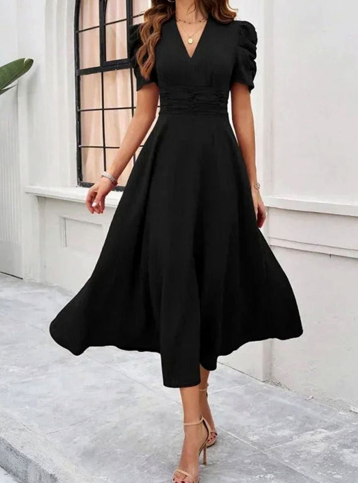 Women's V-Neck Puff Sleeve Ruched Waist A-Line Midi Dress
