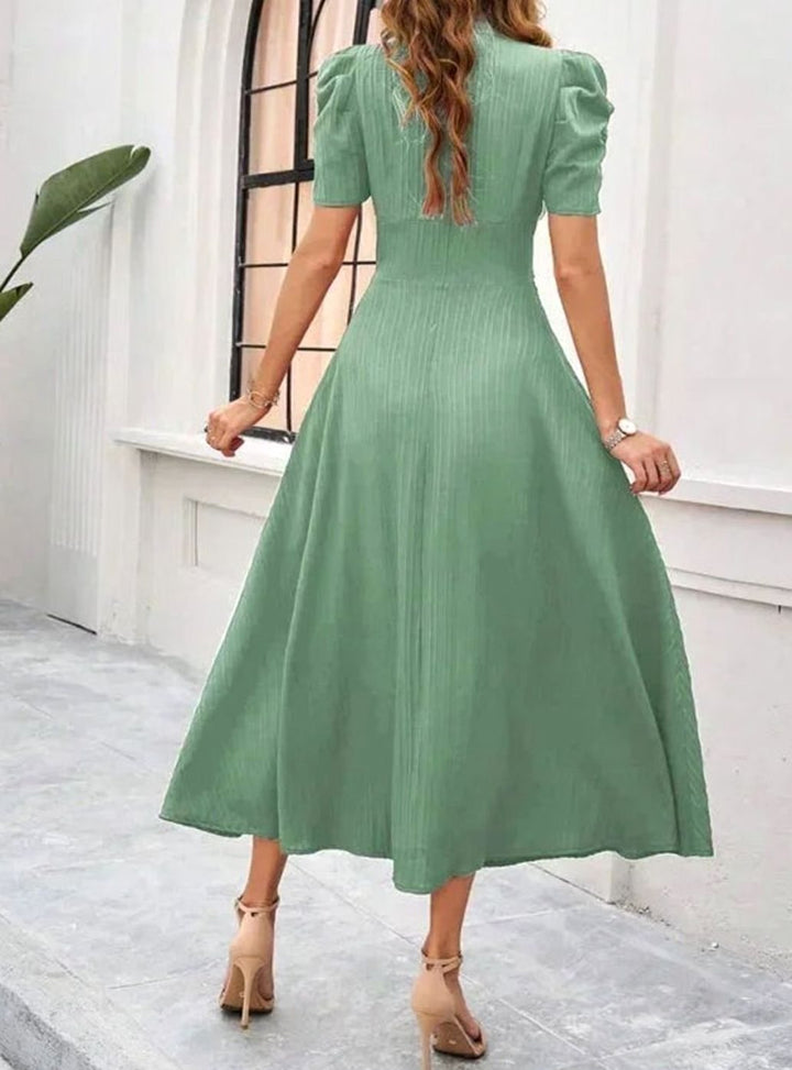 Women's V-Neck Puff Sleeve Ruched Waist A-Line Midi Dress