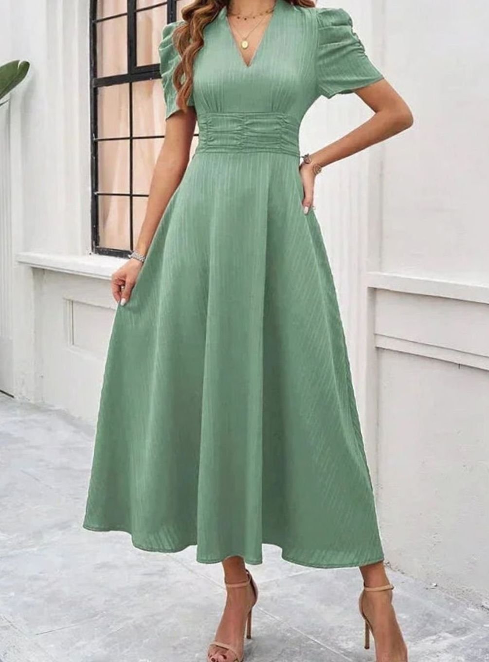 Women's V-Neck Puff Sleeve Ruched Waist A-Line Midi Dress