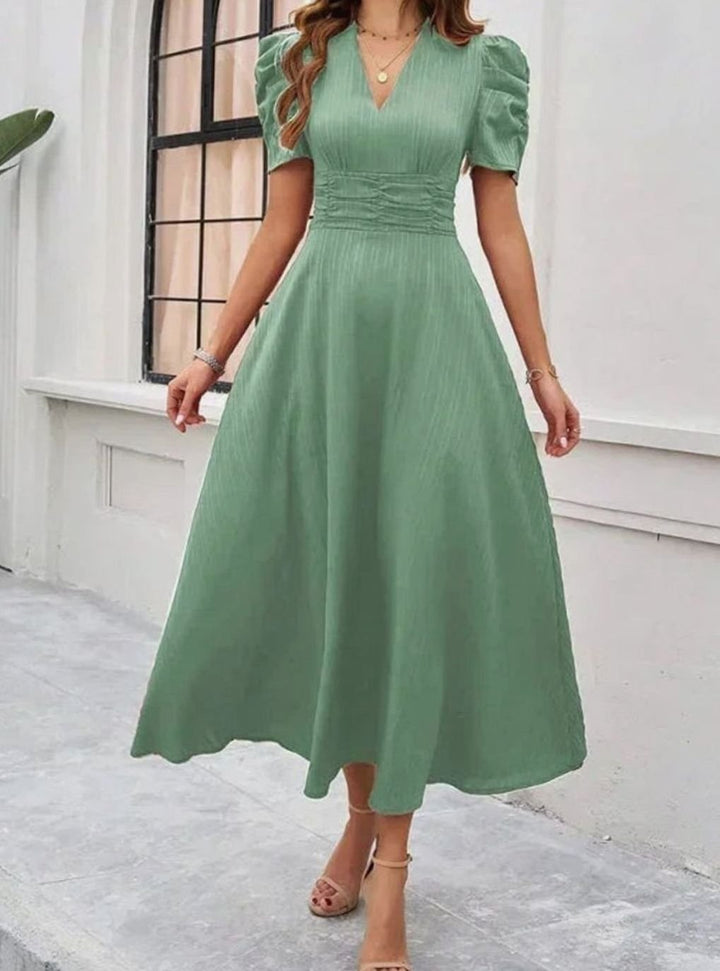 Women's V-Neck Puff Sleeve Ruched Waist A-Line Midi Dress