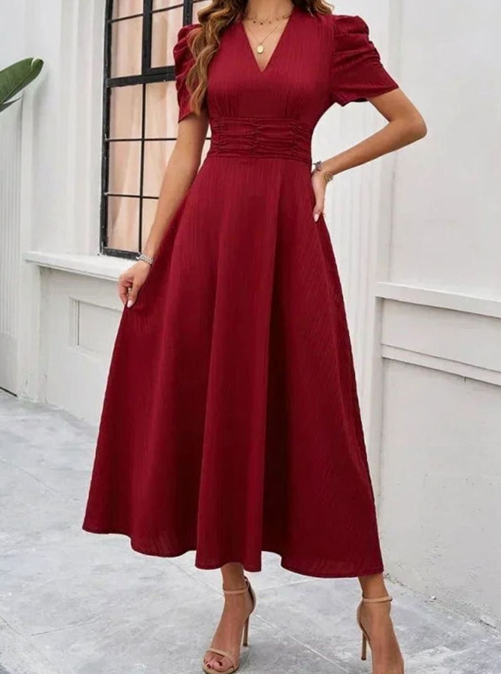 Women's V-Neck Puff Sleeve Ruched Waist A-Line Midi Dress