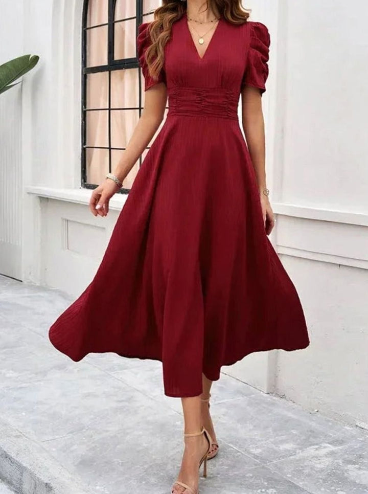 Women's V-Neck Puff Sleeve Ruched Waist A-Line Midi Dress
