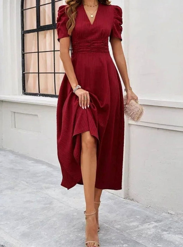 Women's V-Neck Puff Sleeve Ruched Waist A-Line Midi Dress
