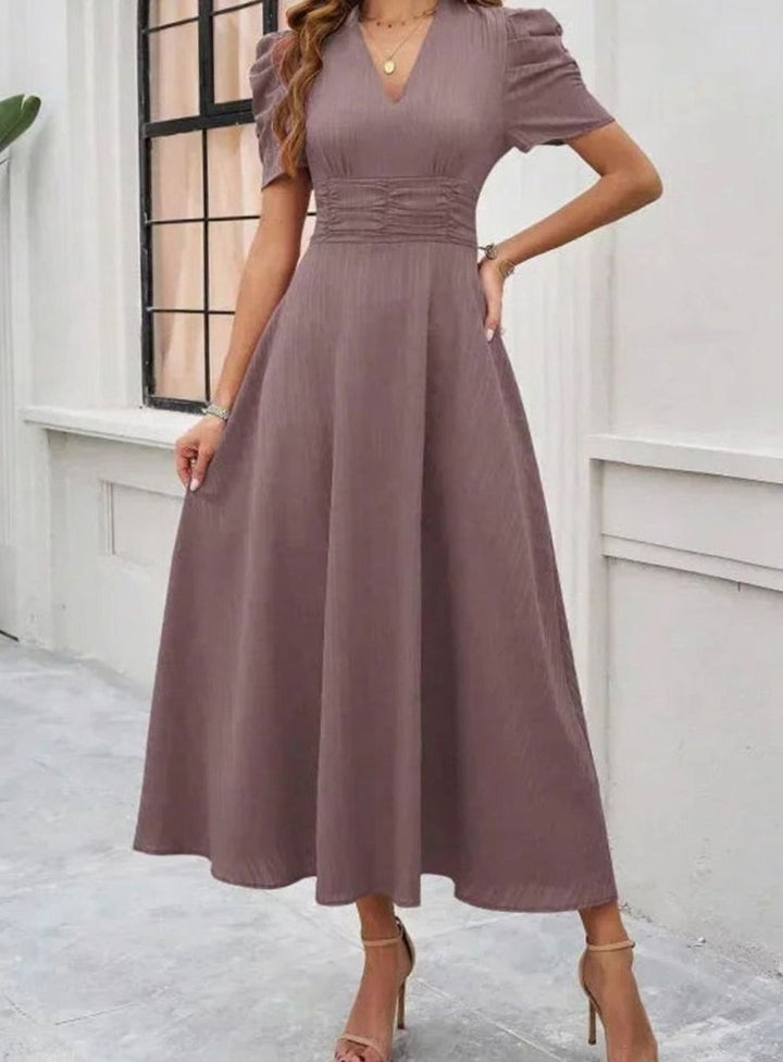 Women's V-Neck Puff Sleeve Ruched Waist A-Line Midi Dress
