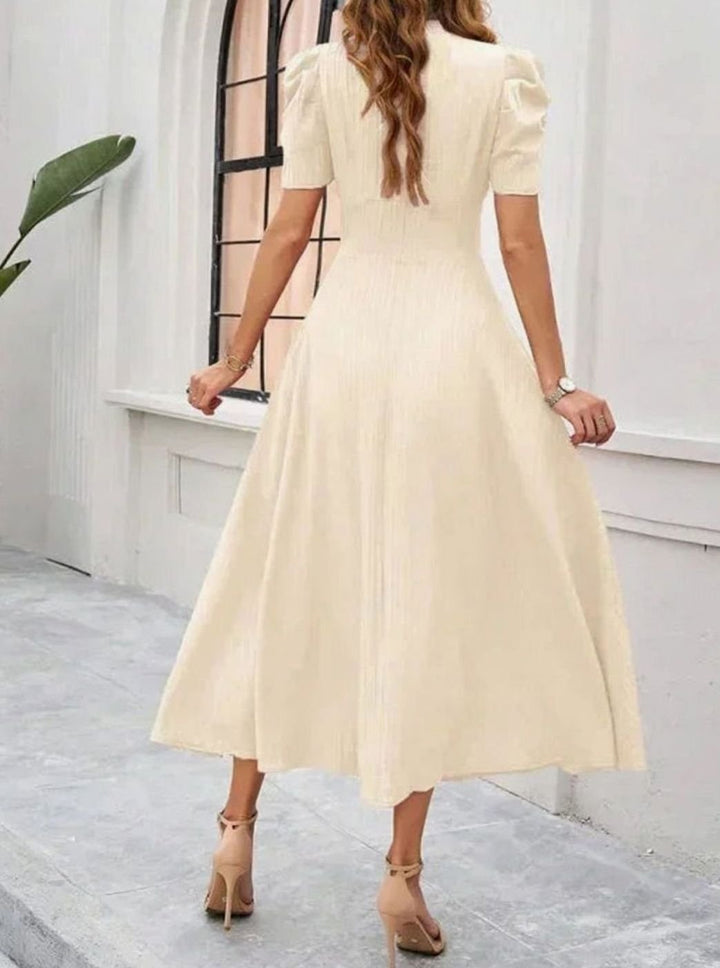 Women's V-Neck Puff Sleeve Ruched Waist A-Line Midi Dress