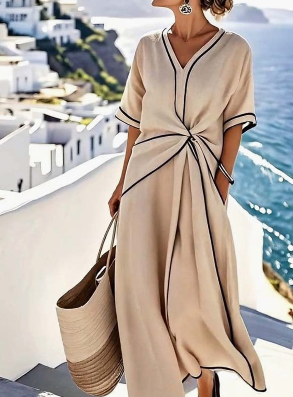 Women's V-Neck Twist-Front Contrast-Trim Midi Dress - Beige
