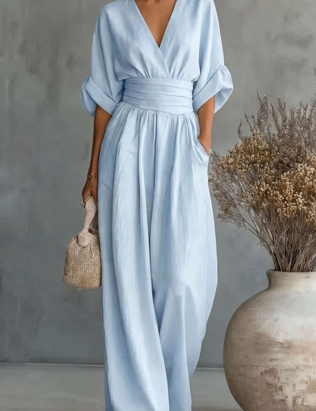 Women's V-Neck Wide-Leg Jumpsuit Defined Waist - Sky Blue