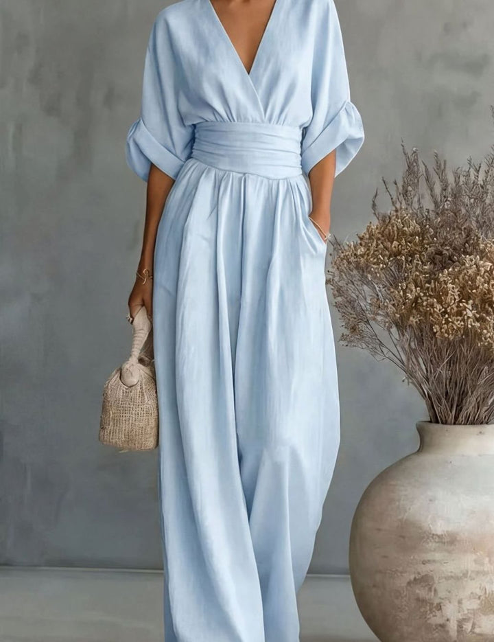 Women's V-Neck Wide-Leg Jumpsuit Defined Waist - Sky Blue