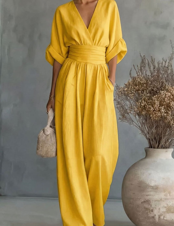 Women's V-Neck Wide-Leg Jumpsuit Defined Waist - Yellow