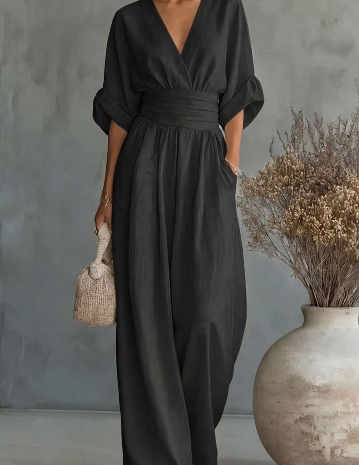 Women's V-Neck Wide-Leg Jumpsuit Defined Waist - Black