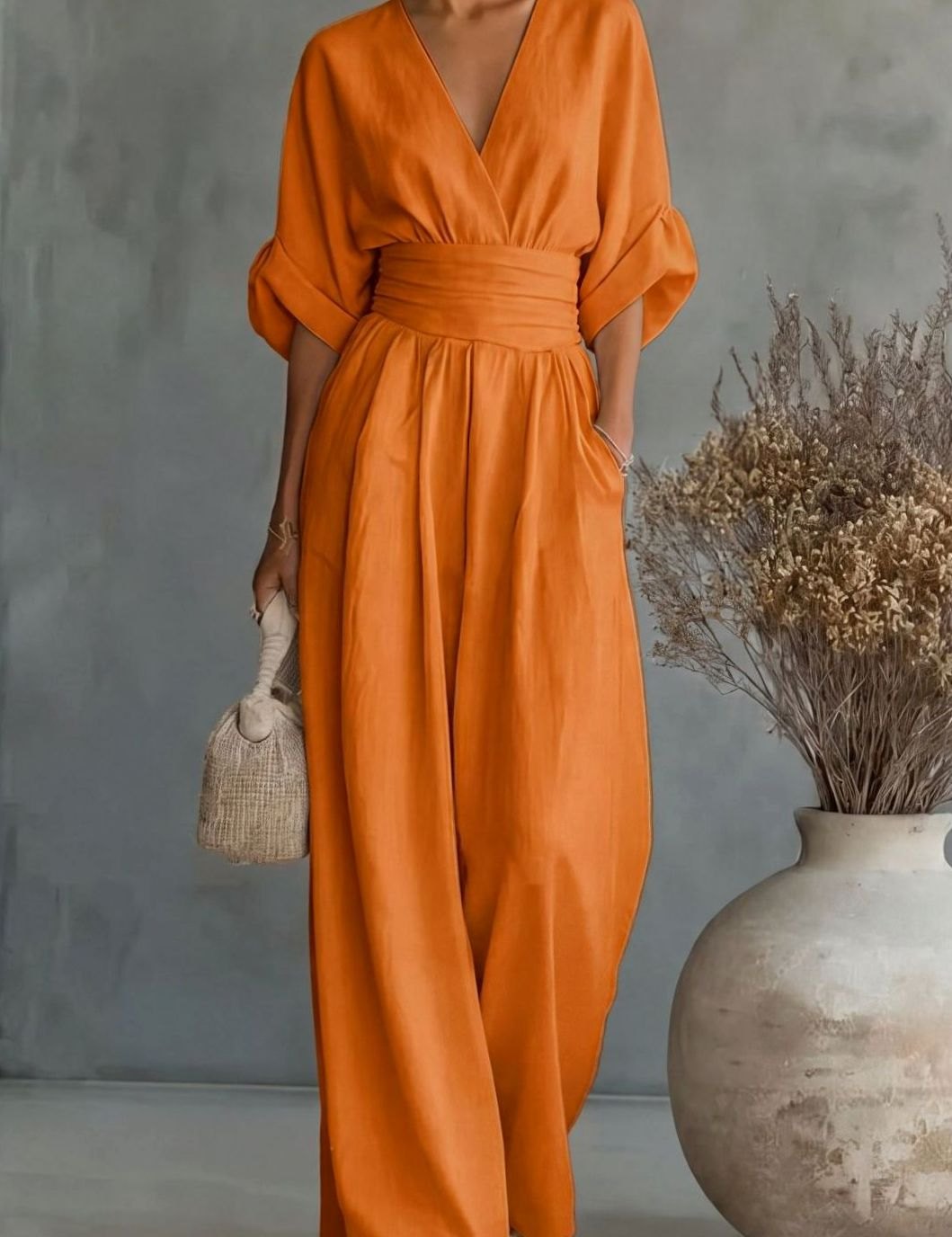 Women's V-Neck Wide-Leg Jumpsuit Defined Waist - Orange