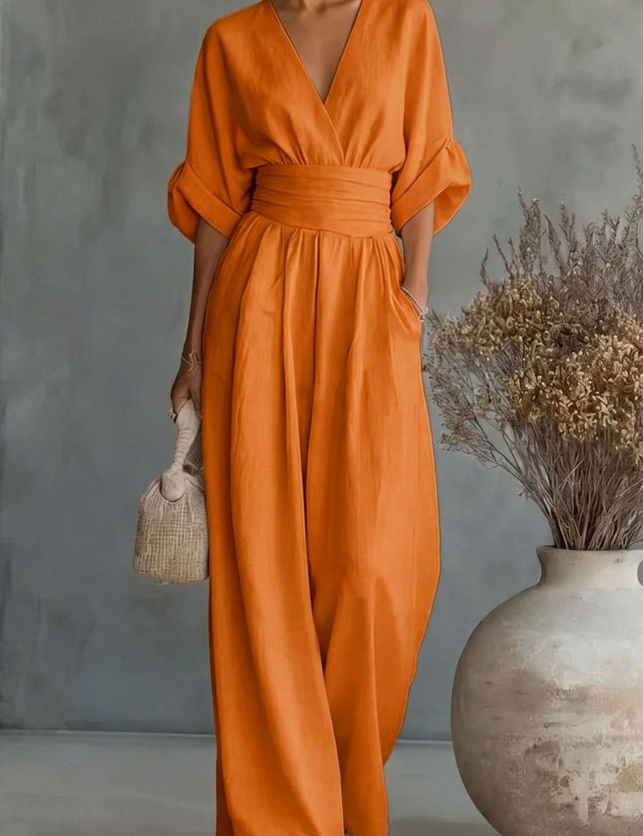 Women's V-Neck Wide-Leg Jumpsuit Defined Waist - Orange
