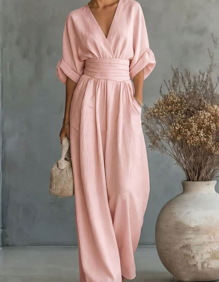 Women's V-Neck Wide-Leg Jumpsuit Defined Waist - Light Pink