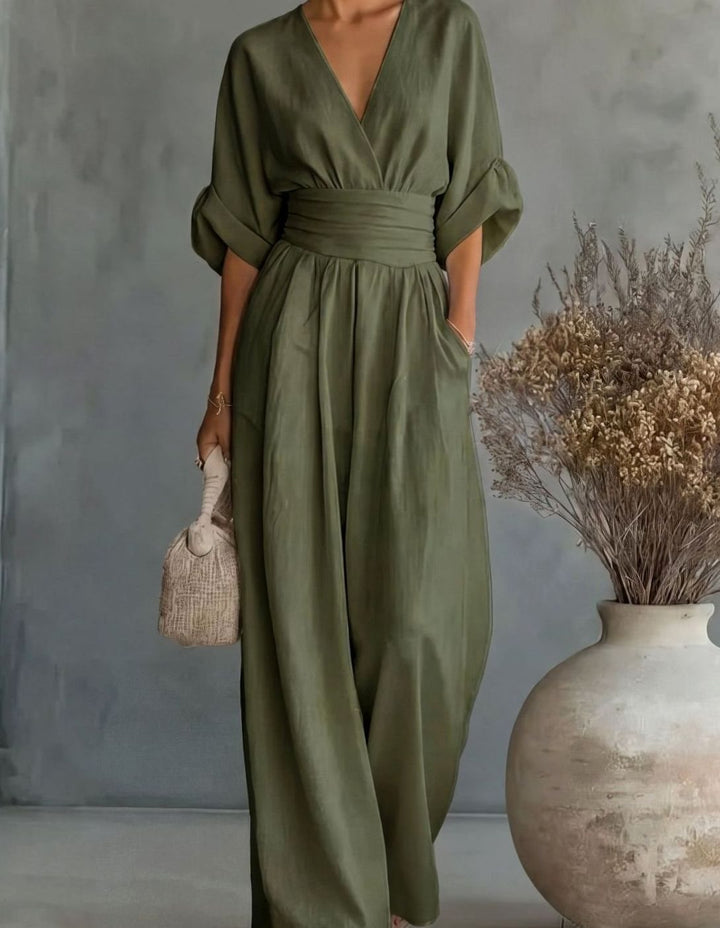 Women's V-Neck Wide-Leg Jumpsuit Defined Waist - Green