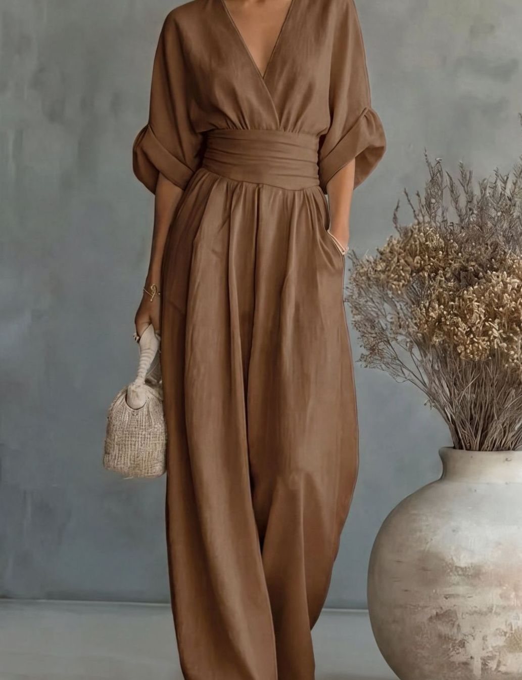 Women's V-Neck Wide-Leg Jumpsuit Defined Waist - Brown