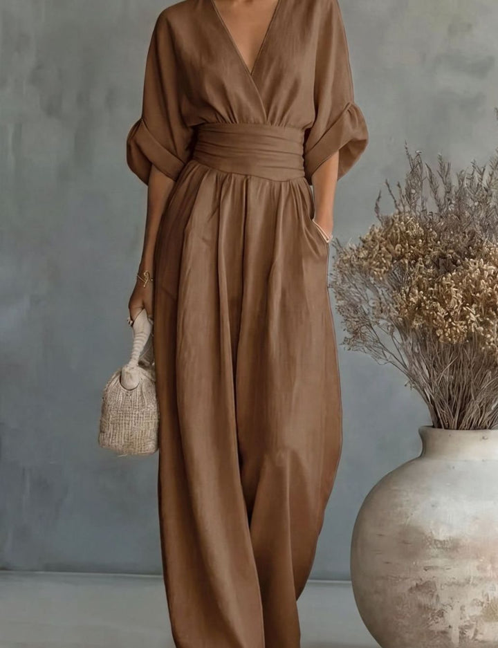 Women's V-Neck Wide-Leg Jumpsuit Defined Waist - Brown