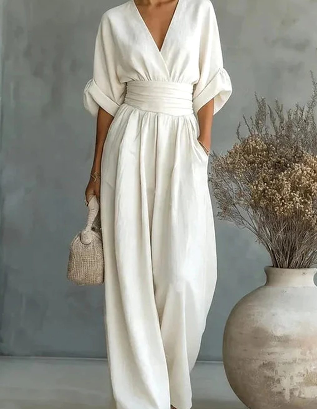 Women's V-Neck Wide-Leg Jumpsuit Defined Waist