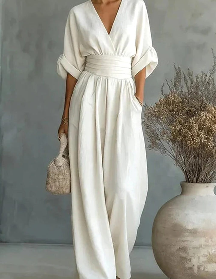 Women's V-Neck Wide-Leg Jumpsuit Defined Waist
