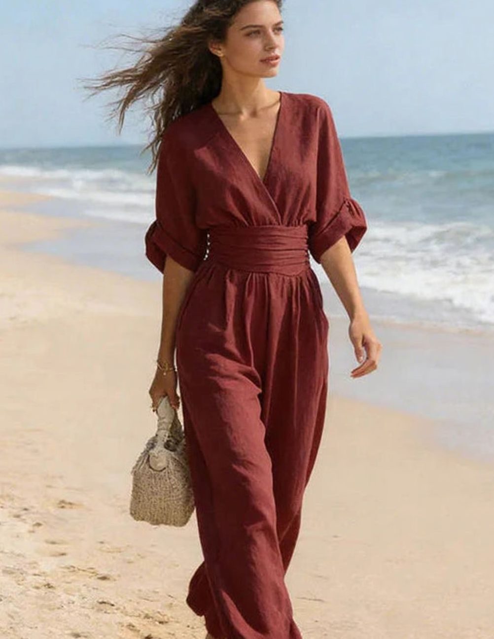 Women's V-Neck Wide-Leg Jumpsuit Defined Waist
