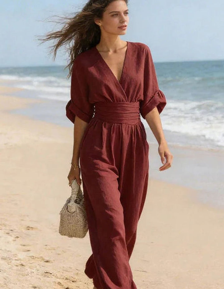 Women's V-Neck Wide-Leg Jumpsuit Defined Waist