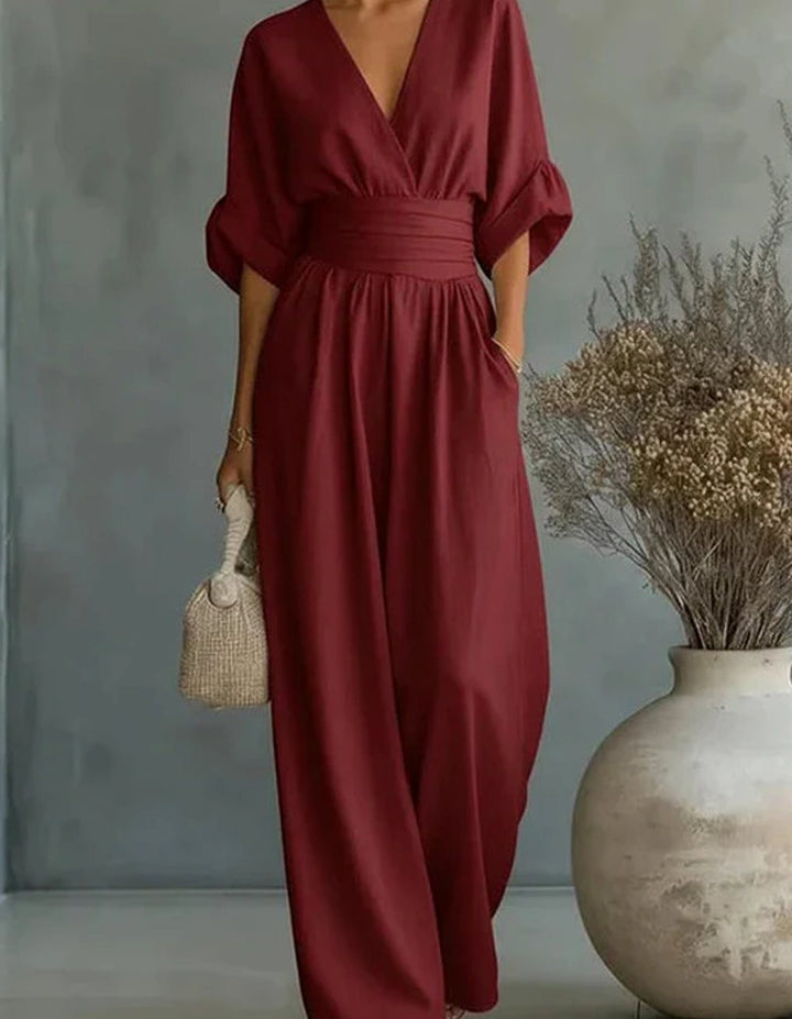 Women's V-Neck Wide-Leg Jumpsuit Defined Waist - Burgundy