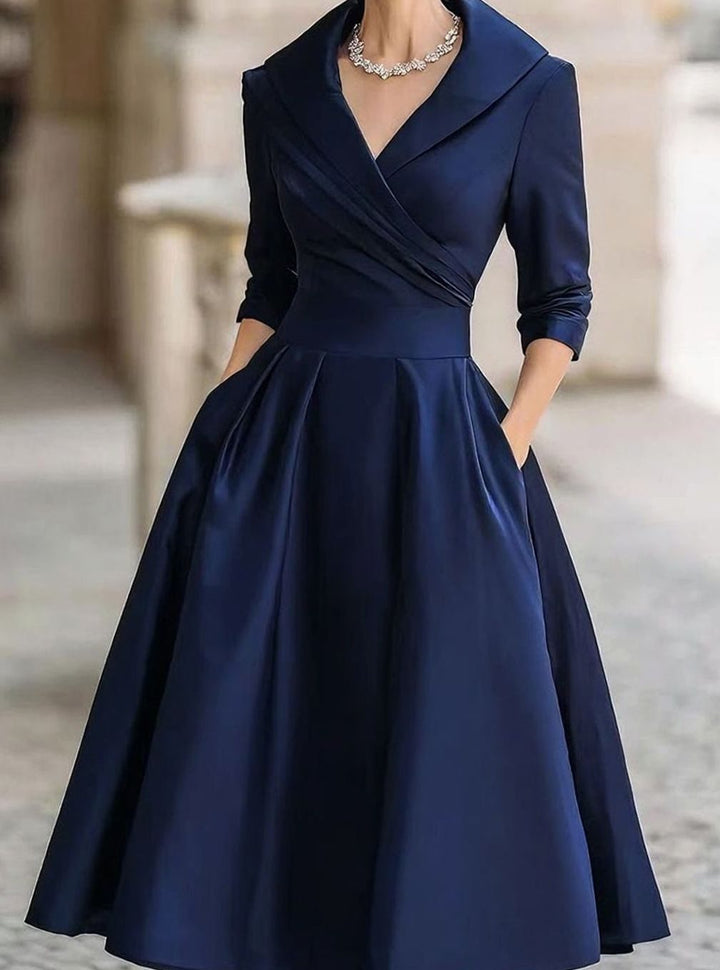 Women's V-Neck Wrap Bodice Full-Skirt Formal Evening Dress - Navy Blue