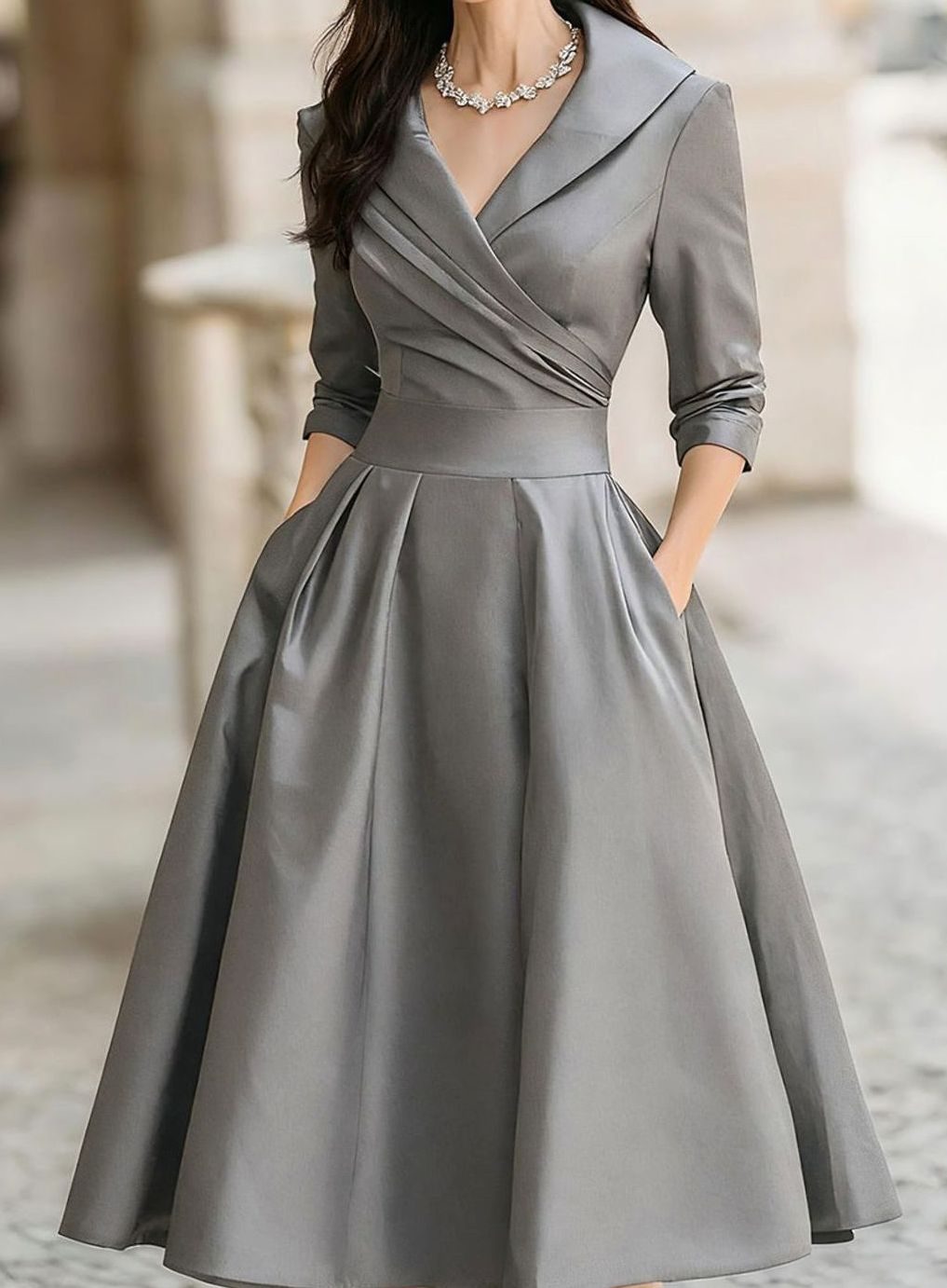 Women's V-Neck Wrap Bodice Full-Skirt Formal Evening Dress - Gray